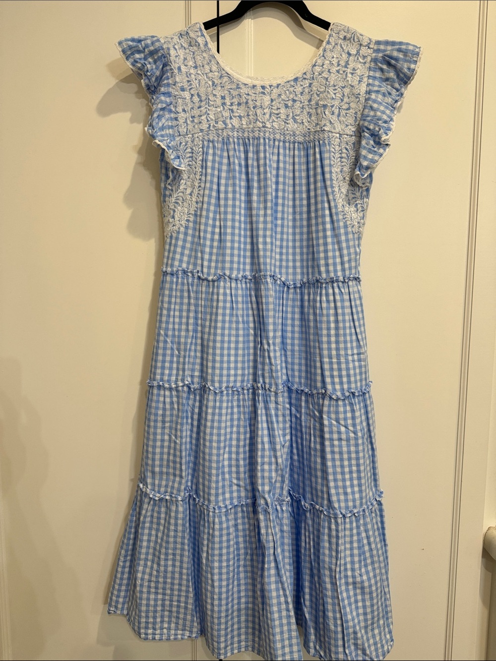 Light Blue Gingham Tiered Maxi Dress with Crochet Yoke